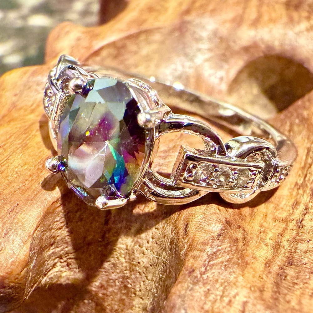 Mystic Topaz Stone Sterling Silver 925 Ring with Clear Stones Size 9 - Picture 4 of 5